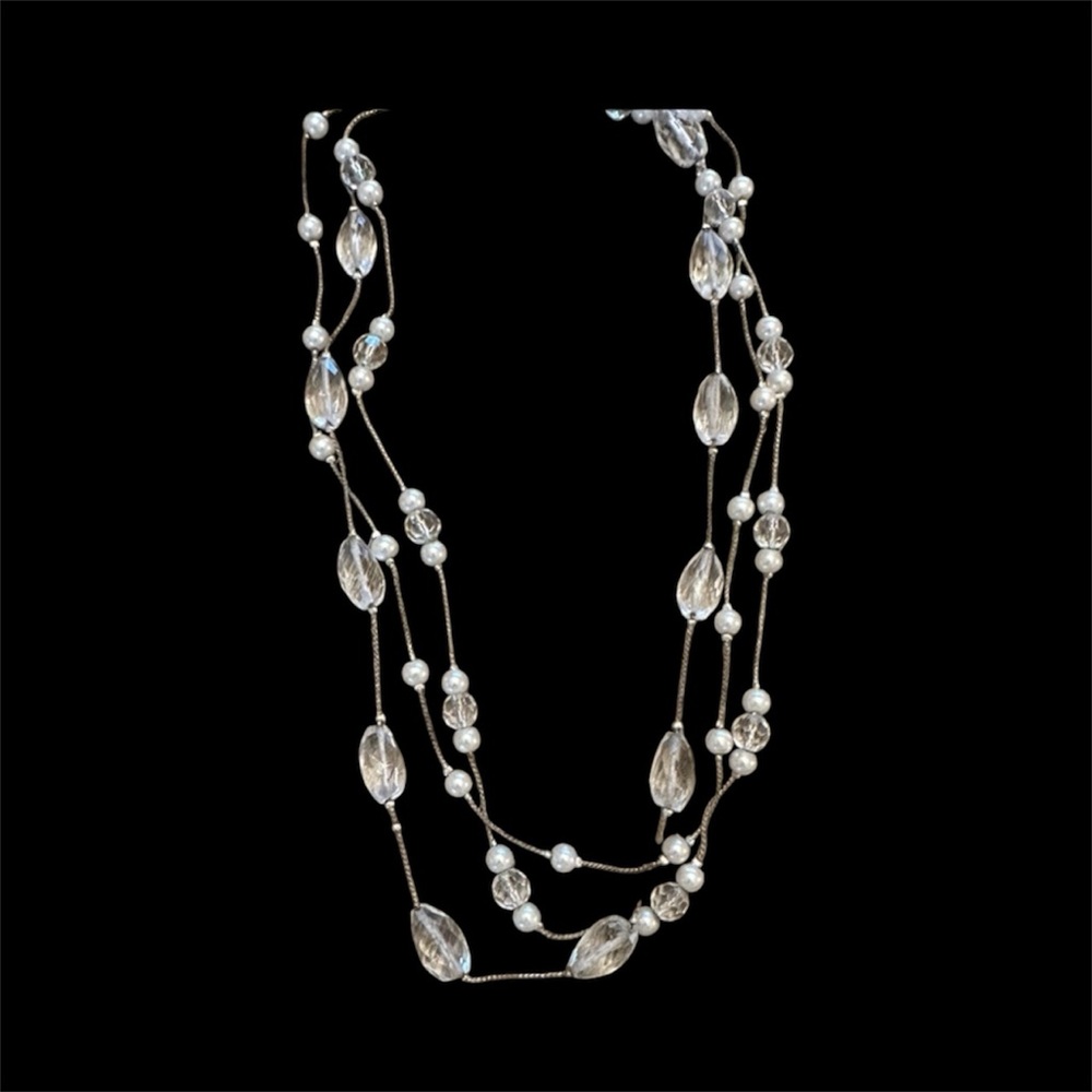 Layered Pearl & Clear Bead Necklace Silver Chain Statement Jewelry